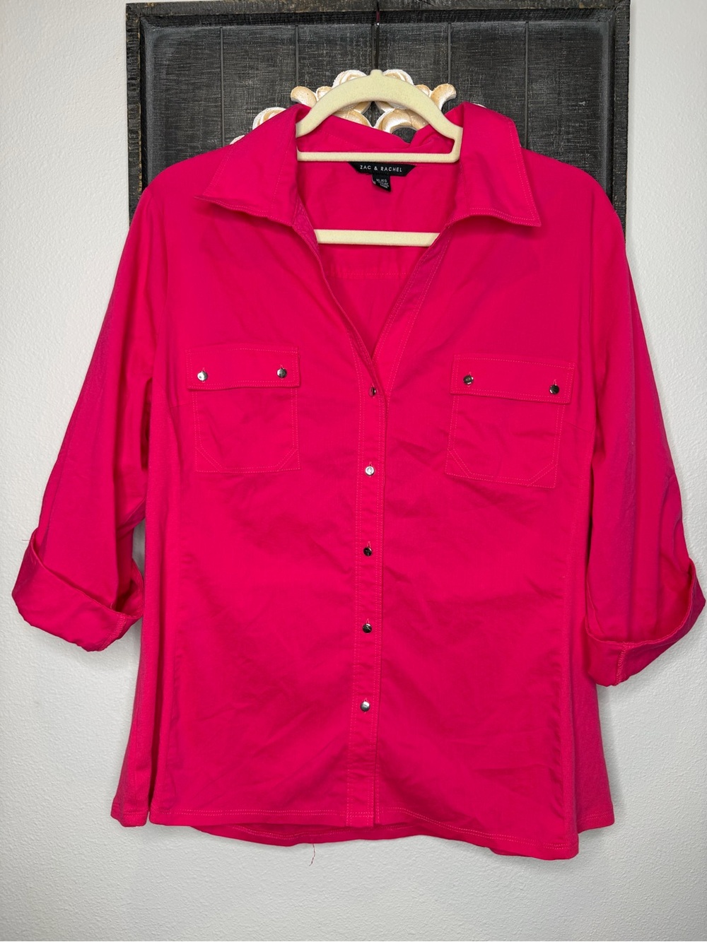 Zac & Rachel Hot Pink Button-Front Utility Top with Silver buttons XL
